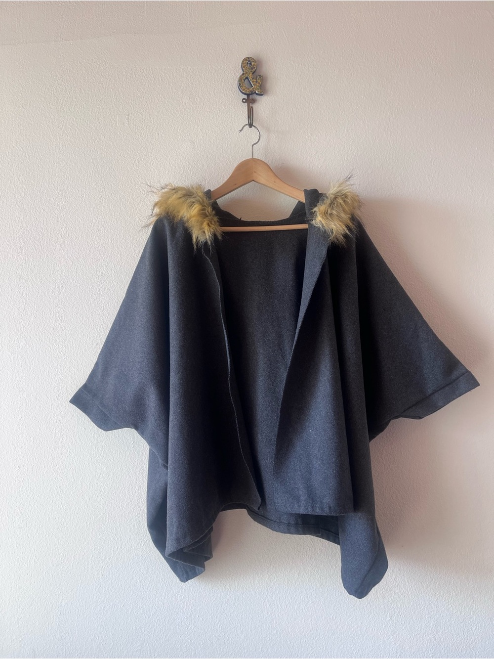 Grey Hooded Poncho Coat with Faux Fur Trim
